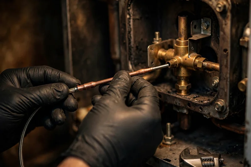 Provider inspecting a thermocouple at a pilot burner assembly