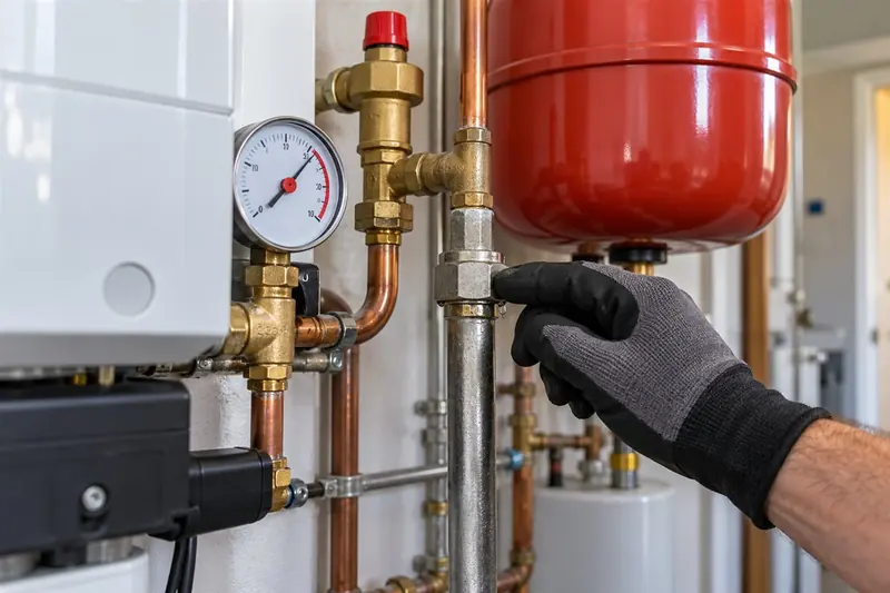 Pressure gauge and expansion tank on a boiler system
