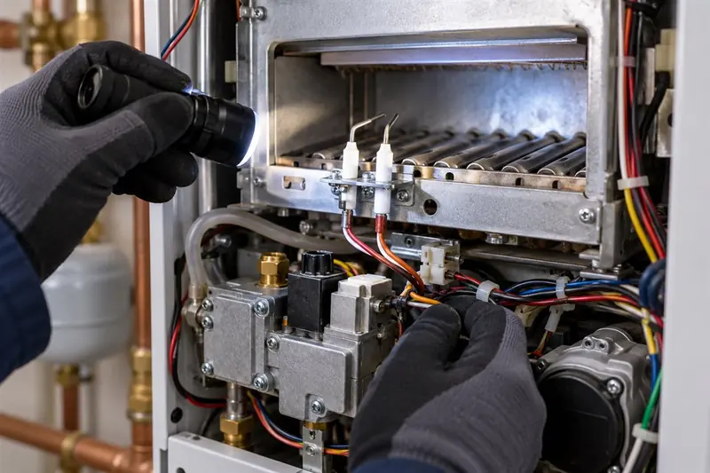 Gas burner and ignition components inside a boiler